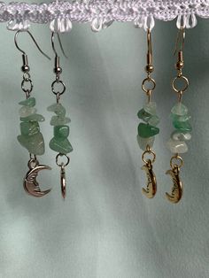 -Green Aventurine Dangle Earrings -Pick between gold/silver hardware -Half-moon charms -2.4 inches long -Handmade Cheap Earthy Dangle Earrings, Cheap Hippie Dangle Jewelry, Cheap Green Spiritual Earrings, Cheap Witchy Dangle Jewelry, Green Dangle Jewelry With Moon Charm, Diy Dangle Earrings Ideas, Moon Earrings Silver, Crystal Moon, Indie Jewelry