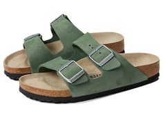 Birkenstock Arizona - Women's Shoes : Shimmering Thyme Suede : Keep it classy and comfortable during your casual street strolls wearing the Birkenstock Arizona Sandals. Easy slip-on style with dual buckle straps. Round open toe. Suede uppers. Leather lining and insoles. Lightweight and shock-absorbing EVA outsole. Imported. Measurements: Weight: 8 oz Product measurements were taken using size EU 38 (US Women's 7-7.5), width Narrow. Please note that measurements may vary by size. Summer Footbed Sandals With Buckle For Outdoor, Adjustable Buckle Footbed Sandals For Outdoor, Adjustable Buckle Closure Footbed Sandals For Outdoor, Casual Closed Toe Sandals With Buckle Closure, Adjustable Double Strap Casual Slides, Casual Adjustable Double Strap Slides, Classic Slip-on Footbed Sandals For Summer, Comfortable Closed Toe Footbed Sandals With Buckle, Adjustable Casual Footbed Sandals For Outdoor