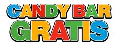 the words candy bar gratis written in multicolored letters on a white background