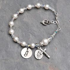 Confirmation Gift for Girls - Personalized Catholic Rosary Bracelet - Sparkly Clear Crystal, Swarovski Pearl - Sterling Hand Stamped Initial by RosariesOfLove on Etsy Adjustable Silver Pearl Bracelet For Birthday, Pearl Crystal Bracelet With Pearl Charm As Gift, Round Pearl Crystal Bracelet For Gift, Silver Beaded Charm Bracelet For Birthday, Silver Pearl Bracelet With Pearl Charm For Mother's Day, Silver Beaded Bracelets With Pearl Charm As Gift, Silver Crystal Bracelet With Pearl Charm, Silver Bracelets With Pearl Charm As Gift, Silver Pearl Charm Crystal Bracelet