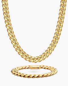 This newly released limited edition Cuban Set features our best-selling Cuban Link Chain and Bracelet. The finest gold pieces in our Cuban Collection are crafted by expert jewelers and are a must-have for anyone wanting to start or add to their luxury jewelry collection. Make a statement with this exclusive set. JAXXON 8mm Cuban Gold Set | Chain 24" Luxury Gold Plated Cuban Link Necklace, Luxury Gold-tone Cuban Link Jewelry, Gold-tone Cuban Link Necklace, Luxury Gold-plated Cuban Link Necklace, Luxury Tarnish-resistant Cuban Link Necklace For Men, Mens Diamond Wedding Bands, Gold Chains For Men, Metal Working Tools, Cuban Link