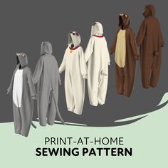 three children's onesuits in different colors and sizes with the text print - at - home sewing pattern