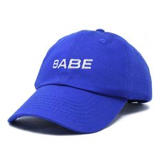 Embrace casual chic with our 'Babe' baseball cap designed for those who appreciate comfort and style. This 6-panel, low crown dad cap is crafted from 100% cotton, ensuring a soft and breathable feel that's perfect for any outing, whether you're spending quality time with family, enjoying a day in the sun, or simply adding a fun twist to your everyday ensemble. Versatility meets functionality with our cap, making it a go-to choice for every occasion. Measuring 11 inches in length, our hat provide Trendy Cotton Dad Hat With Visor, Trendy Blue Hats With Embroidered Logo, Blue Cotton Snapback Trucker Hat, Basic Snapback Dad Hat, Blue Dad Hat With Embroidered Logo For Summer, Basic Adjustable Dad Hat For Streetwear, Trendy Adjustable Cotton Dad Hat, Blue Trucker Hat With Letter Print And Curved Brim, Trendy Blue Baseball Cap With Embroidered Logo