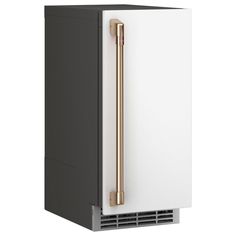 a white and gold refrigerator freezer sitting on top of a counter