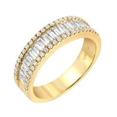 This is a larger-than-life version of our favorite Heirloom Baguette Diamond Halfway Band. This breathtaking ring features two borders of round diamonds bracketing a beautiful row of baguette diamonds. Baguette Band, Baguette Diamond Band, Baguette Diamond Rings, Baguette Diamonds, Wide Rings, Bridal Bands, Baguette Diamond, Ring Collections, Conflict Free Diamonds