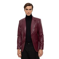 Men's Burgundy Slim-Fit Leather Blazer Vegan Leather Burgundy Blazer Outfit Mens, Burgundy Blazer Outfit, Leather Blazers, Burgundy Blazer, Hugging Silhouette, Men's Leather Jacket, Blazer Outfits, Leather Blazer, Single Breasted