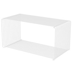 a white wire shelf with two shelves on each side and one shelf below it, in front of a white background