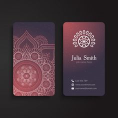 a business card with an intricate design on the front and back, in pink tones