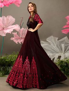 Shop the alluring bollywood diva Malaika Arora style embroidered flared gown anarkali from Inddus. Maroon floral Embroidered fit & flare dressV-neckShort, regular sleevesEmbroidered detailMaxi length in flared hemZip closure Top: Silk Blend, Top inner : Crepe,Dry Clean Gown Anarkali, Malaika Arora, Solid Skirt, Anarkali Suit, Embellished Top, Designer Dress, One Shoulder Tops, Lehenga Choli, Embroidered Top