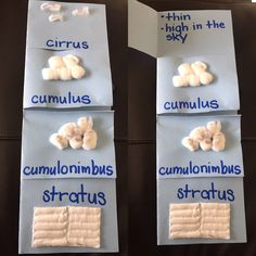 two pieces of paper with different types of gummy bears on them and the words cumulus, cumulus, stratus, and cirrus