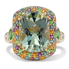 This bold cocktail ring features an array of natural gemstones. A green quartz gemstone is at the heart of the design  while topaz  amethyst  tsavorite  and citrine accents form a colorful halo. Additional tsavorite and diamond accents in the band round out this unique 14-karat yellow gold ring. Multi Gemstone Ring Jtv, Multicolor Diamond Gemstones With Accents, Luxury Multicolor Amethyst Ring With Gemstone Accents, Elegant Multicolor Amethyst Gemstone Ring, Multicolor Luxury Amethyst Ring, Luxury Green Gemstones With Halo Setting, Elegant Multicolor Amethyst Ring With Gemstone Accents, Elegant Multicolor Amethyst Ring With Accent Stones, Green Amethyst Jewelry With Center Stone