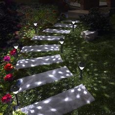 some lights that are in the grass near flowers and bushes on a path leading up to a house