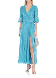 - Turquoise Costarellos lurex georgette dress for woman - Deep V- neck - Short balloon sleeves with cut-out detail - Elastic waist - two front vents at hem - Rear button and zip fastening - Bare back - Matching belt includedComposition: 95% Polyester, 5% Polyamide Short Balloon Sleeves, Wang Dress, New Bottega, Georgette Dress, Zimmermann Dress, Dress For Woman, Feminine Design, Balloon Sleeves, Luxury Fabrics