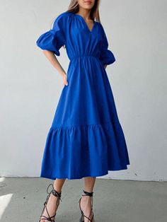 Fashion Casual V Neck Solid Long Dresses Summer Vintage High Waist Women A-line Dress Simple Elegant Lantern Sleeve Party Dress Spring Solid Color A-line V-neck Dress, Spring Solid Color Knee-length V-neck Dress, Spring Knee-length Solid Color V-neck Dress, Spring Knee-length V-neck Dress In Solid Color, Spring Knee-length V-neck Solid Color Dress, Spring Party Puff Sleeve Dress In Solid Color, Spring Party Puff Sleeve Solid Color Dress, Solid Color A-line V-neck Party Dress, Summer A-line V-neck Dress In Solid Color