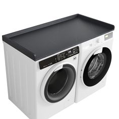 a white washer sitting next to a dryer on top of a black counter