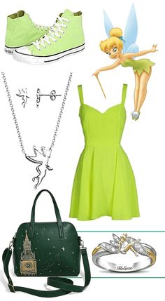 a green dress and shoes with accessories including a handbag, necklaces, and ring