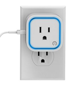 an electrical outlet with a blue and white plug attached to the outlet, on a white background