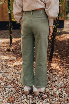 - We love a unique denim option like these trendy jeans! - Unlined semi-stretch denim material - A high waistline with belt loops and four button closure - Two functional front pockets - Two faux pocket cut accents on the back - A relaxed yet flattering silhouette that ends in wide ankle length hemlines Sage Green Jeans, Green Jeans With Belt Loops, Green High Rise Relaxed Fit Jeans, High-waist Utility Flare Jeans With Belt Loops, High-waist Corduroy Bottoms With Button Closure, Trendy Jeans, Color Block Top, Women Clothing Boutique, Ankle Length