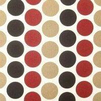 a red, black and tan polka dot pattern on white fabric with brown dots in the center