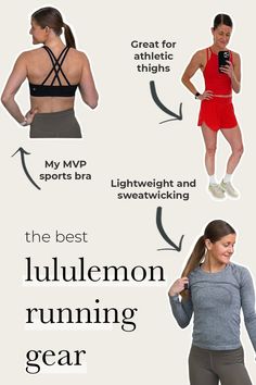 a woman is showing how to use her cell phone while wearing the same sports bra