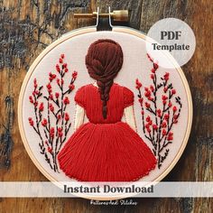 a red dress is featured in this hand embroidery pattern with the words instant download on it