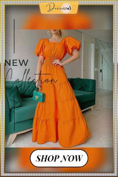 Women Party Maxi Dress Elegant Striped Office Lady Long Dresses Solid Color Square Neck Maxi Dress For Party, Party Dress With Square Neck In Solid Color, Orange Maxi Length Party Dress, Solid Color Short Sleeve Party Dress, Square Neck Solid Color Vacation Dress, Vacation Square Neck Solid Color Dress, Orange Maxi Party Dress, Vacation Dress With Square Neck In Solid Color, Elegant Solid Orange Dress