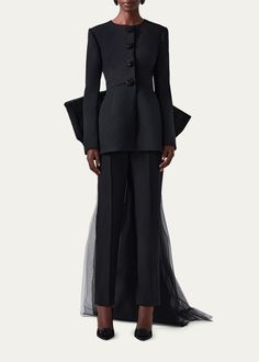 Carolina Herrera Open-Back Collarless Jacket With Removable Bow - Bergdorf Goodman Collarless Jacket, Back Round, Crystal Buttons, Elements Of Style, Large Bow, Long Sleeves Jacket, Carolina Herrera, Tweed Jacket, Bergdorf Goodman