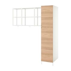 an image of a white and wood cabinet with shelves on each side that are open