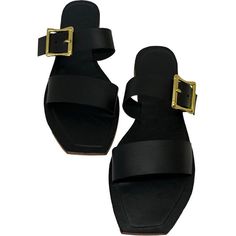 Flat Heel Sandals With Tang Buckle For Beach, Slip-on Sandals With Tang Buckle For Beach, Black Slip-on Sandals With Tang Buckle, Beach Sandals With Tang Buckle And Slide Shape, Beach Slide Sandals With Tang Buckle, Leather Footbed Sandals With Tang Buckle For Beach, Adjustable Black Sandals With Tang Buckle, Adjustable Black Sandals With Buckle, Leather Slide Mules With Tang Buckle