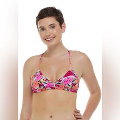 Women's Eidon Melon Pop Madison Fixed Triangle Bikini Top Swim Top Size S Pink Beachwear Tankini With Built-in Bra, Tropical Pink Swimwear With Built-in Bra, Pink Bra-friendly Tankini For Swimming, Pink Tankini With Built-in Bra For Beachwear, Pink Triangle Top Swimwear With Built-in Bra, Pink Underwire Tankini For Pool, Spring Pink Tankini, Bra Friendly, Pink Tankini With Built-in Bra For Beach Season, Spring Pink Tankini, Bra-friendly