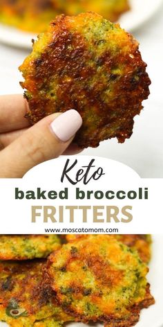 a person is holding up some food on a plate with the words keto baked broccoli fritters