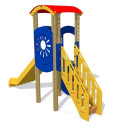 a children's play set with a slide and climbing frame in yellow, blue, and red