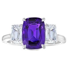 3.72 carat Cushion Purple Sapphire with two Cushion Diamonds .97 carats set in a handmade Platinum ring Purple Sapphire Ring, Ring Bands, 2025 Wedding, Country Rings, Platinum Diamond Rings, Sapphire And Diamond Ring, Purple Sapphire, Cushion Diamond, Platinum Ring