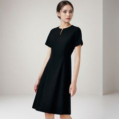 Captivating Contoured Comfort Dress Casual Midi Dress With Flattering Silhouette For Work, Classic Black Midi Dress For Work, Classic Black Midi Dress For Office, Black Shift Midi Dress With Short Sleeves, Black Shift Midi Dress Knee-length, Classic Black Midi Dress For Spring, Elegant Solid Color Shift Dress, Classic Black Short Sleeve Midi Dress, Black Summer Dress For Office