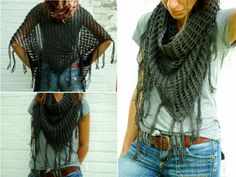 three pictures of a woman wearing a scarf and jeans with her hands on her hips