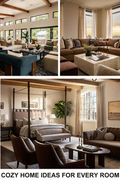 four different pictures of living room with couches and tables