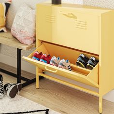 there is a yellow shoe rack with shoes in it