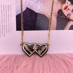 Material: Copper. Color: Gold. Process: Gold plated.  Chain Length: 14",16",18",20",22".  Recipient: Women, Mom, Wife, Girl Friend, Children.  Product Type: Personalized Jewelry.  Gift Type: Necklace.  Occasions: Valentine's Day, Mother's Day, Christmas, Birthday, etc.  Necklace Type: Necklace.  Brand: Silviax Jewelry. Personalized Black Necklaces For Anniversary, Custom Name Heart Necklace For Valentine's Anniversary, Elegant Double Heart Name Necklace For Personalized Gift, Personalized Name Necklaces For Anniversary On Valentine's Day, Personalized Name Necklaces For Valentine's Day Anniversary, Names Necklace For Anniversary Gift On Valentine's Day, Names Necklace For Anniversary, Valentine's Day Gift, Engraved Name Necklace For Valentine's Day, Valentine's Day Engraved Name Necklace