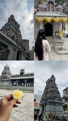 a woman holding a flower in front of a temple