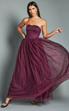 Gemma Maxi Dress - Strapless Sweetheart Tulle Fit & Flare in Aubergine Semi Formal Wedding Attire, Purple Bridesmaid Dress, Basic Black Dress, Prom 2024, Neon Outfits, Spring Maxi Dress, Navy Bridesmaid Dresses, Inner Goddess, Long Sleeve Knit Dress