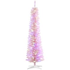 a pink and white christmas tree with lights on it's base, in front of a white background