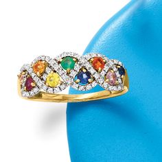 Ross-Simons - .54ct t. w. Multi-Gemstone, .25ct t. w. Diamond Ring in 14kt Yellow Gold. Size 7. Brimming with gemstone color and icy sparkle, our fabulous ring flaunts .54 ct. tot. gem wt. rubies, emeralds and blue, yellow, orange and pink sapphires inside shimmery .25 ct. t. w. round diamond curves. Finely crafted in polished 14kt yellow gold. 1/4" wide. Diamond and multi-gemstone ring. Emerald birthstones are the perfect gift for May birthdays. May Birthdays, Emerald Birthstone, Multi Gemstone Ring, Blue Yellow Orange, May Birthday, Ring Emerald, Yellow Gold Jewelry, Orange And Pink, Women Men Shoes