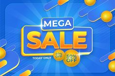 mega sale banner with yellow balls on blue background