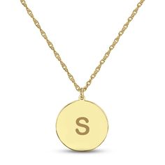 Express yourself with this simple yet stunning necklace, which features a disc customized with your initial. Styled in 14K yellow gold, the pendant sways from an 18-inch rope chain that secures with a spring ring clasp. 14k Yellow Gold Initial Pendant Coin Necklace, Yellow Gold Initial Necklace With Polished Finish, Minimalist Yellow Gold Coin Necklace With Initial Pendant, Minimalist Yellow Gold Initial Pendant Coin Necklace, Yellow Gold Initial Necklace With Round Pendant, 14k Gold Round Disc Initial Necklace, 14k Gold Monogram Initial Round Pendant Necklace, 14k Gold Round Initial Necklace, Personalized Yellow Gold Round Initial Necklace