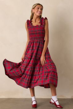 Stand out without standing up with this Pride And Joy Red Plaid Midi Dress! This dress will make you the life of any party with its eye-catching plaid pattern and flowy silhouette. Show off your playful style while enjoying any occasion in style and comfort. Enjoy the night in a maxi dress that truly stands out! This dress features thick ruffle straps, smocked bodice, and a tiered skirt.  68% Cotton, 30% Polyester & 2% Spandex Unlined Hand Wash Cold  Imported Model is 5'8" and wearing a size x-small Red Plaid Dress, Party Outfits For Women, Christmas Party Outfit, Christmas Party Outfits, Red Dress Boutique, Plaid Dress, Tiered Skirt, Bold Fashion, Boutique Dresses