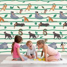 Removable Jungle book wall mural for nursery Tarzan and animals wall art  for kid room decor Mowgli wallpaper peel and stick for children Size ( per piece) : 48 inches (height)                                  23 inches (width) color : as shown *It is suggested at least 6 to 8 weeks after (new) paint make sure the wall is completely dry, clean, and free of dust. *The wallpaper is suitable on dry, smooth, and matte surfaces. There is no guarantee on the textured wall, you are advised to ask free Book Wall Mural, Jungle Book Wallpaper, Mural For Nursery, Safari Adventure, Book Wall, Book Wallpaper, Playroom Wall, Nursery Wall Decals, Textured Wall