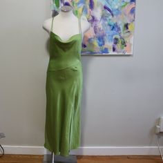 Brand New W/ Tags Attached Excellent Condition Green Slip Dress; Cut On The Bias Cowl Front Neck With A Slip Up The Front Lightweight Hammered Satin Fabric *Gently Worn, No Longer Fits But Very Beautiful Color, Cut And Comfortable!* Black Floral Dress Short, Apple Green Color, Open Back Midi Dress, Green Slip Dress, Halter Backless Dress, Petite Maxi Dress, Dress With Pleats, Floral Dresses Short, Halter Midi Dress