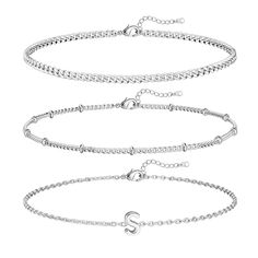 PRICES MAY VARY. [Dainty Silver Bracelets for Women]: Besalon 3PCS white gold stack bracelets set includes a popular satellite chain, classic cuban chain bracelet, and cute initial bracelets with letters A-Z. Each silver chain bracelet can be worn separately or wear them together, or in combination with other layered bracelets to create their style. [White Gold Stack Bracelet Pack ]: These silver bracelets set is suitable for women to personalize, the length of each Stackable Bracelets is 6.2 in Bracelets With Letters, Gold Bracelet Stack, Initial Bracelet Silver, Initial Bracelets, Silver Bracelet Stack, Initial Bracelet Gold, Gold Bracelets Stacked, Stack Bracelets, Monogram Bracelet