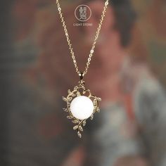 Leaf - White Jade Necklace -Chinese Artisan Jewelry| LIGHT STONE White Delicate Chain Necklace, White Chain Necklace With Pearl Pendant, White Chain Necklace With Round Pearl Pendant, Delicate Pearl White Pendant Necklace, White Necklace With Delicate Chain, Pearl White Long Necklace With Clavicle Chain, Pearl White Long Necklace For Gifts, White Round Pendant With Delicate Chain, White Chain Necklace With Round Pendant And Adjustable Chain