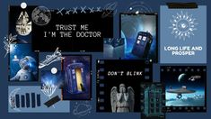 the collage shows images of doctor who are in space and have words written on them